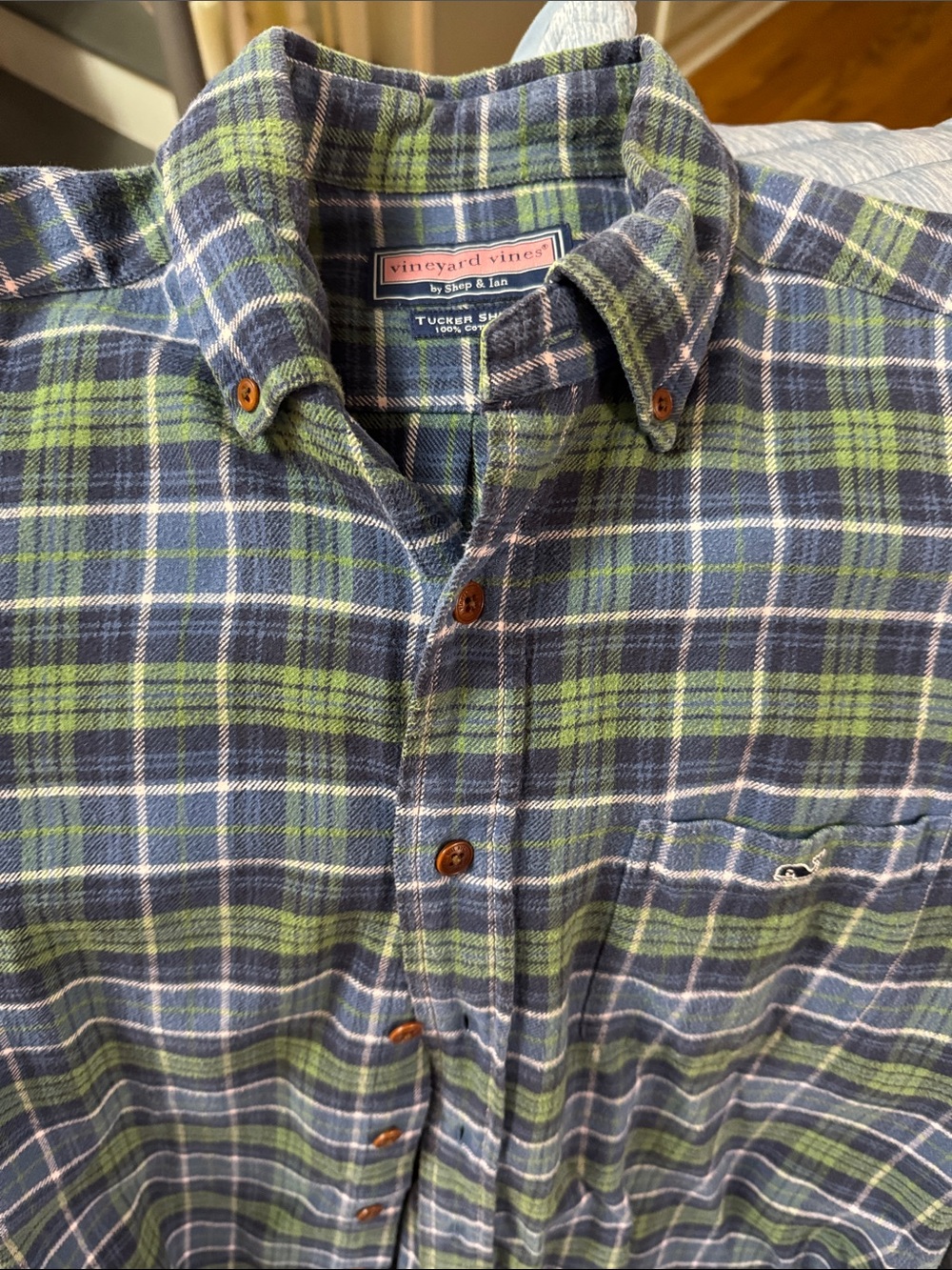 Vineyard Vines Navy and Green Plaid Button-Down Shirt